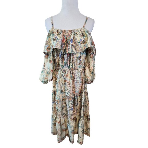 Umgee off the Shoulder 3/4 sleeve tiered vibrant print midi dress size M New - Picture 3 of 16